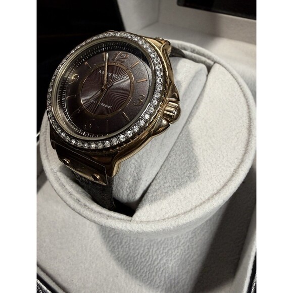 Anne Klein Women’s Quartz Watch Gold Tone Crystal Bezel Leather Strap New Batt main image 12